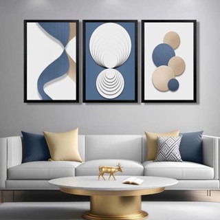 Kit 3 Quadros Decorativos Geométrico  Moderno  Decoração Casa Sala  Quarto  Hall peças Abstrato moderno azul branco ouro em Oferta na Shopee