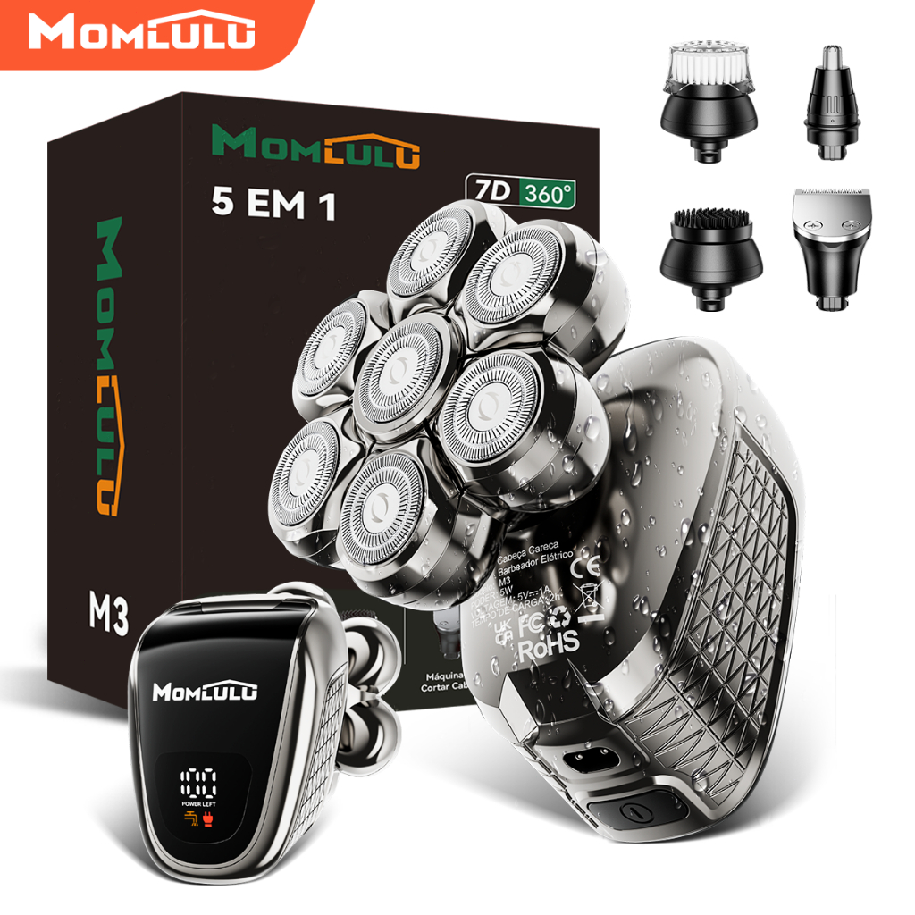 MOMLULU 7D Barbeador Elétrico Recarregável 5 em 1 Barbear Aparador Cabelo Barba Lâmina Magnética Sem Fio à Prova d'Água