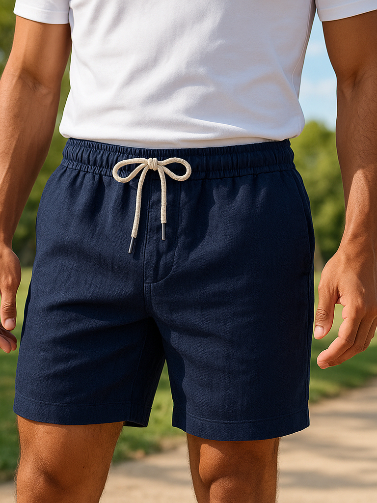 Short Linho Masculino Azul Marinho Bermuda de Linho Cintura Elástica com Bolsos Casual Confortável Praia Passeio