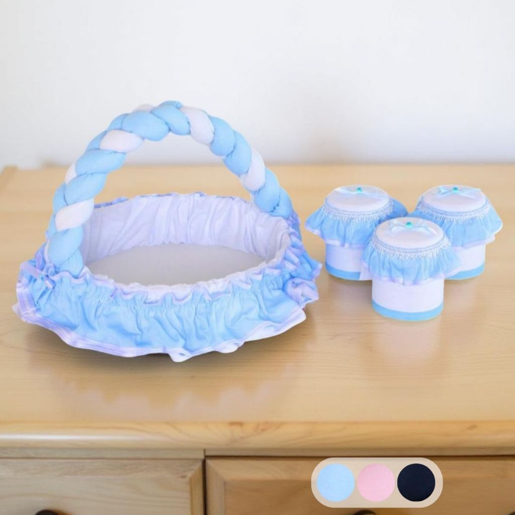Kit Higiene para Bebê Cesta e Jogo de Potes Menino Menina Trança Sensação 04 Peças Decoração Quarto