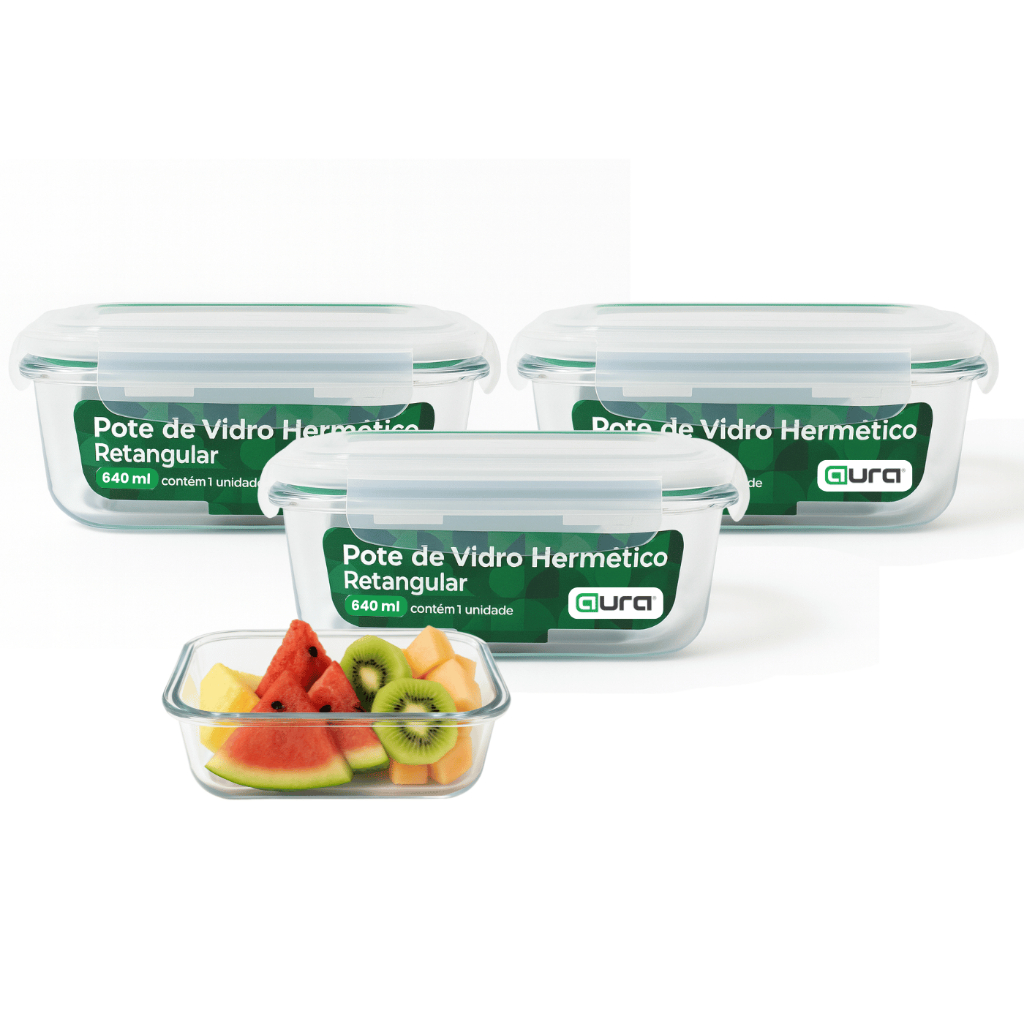 Conjunto 3 Potes 640ml Vidro Hermético 4 Travas Marmita