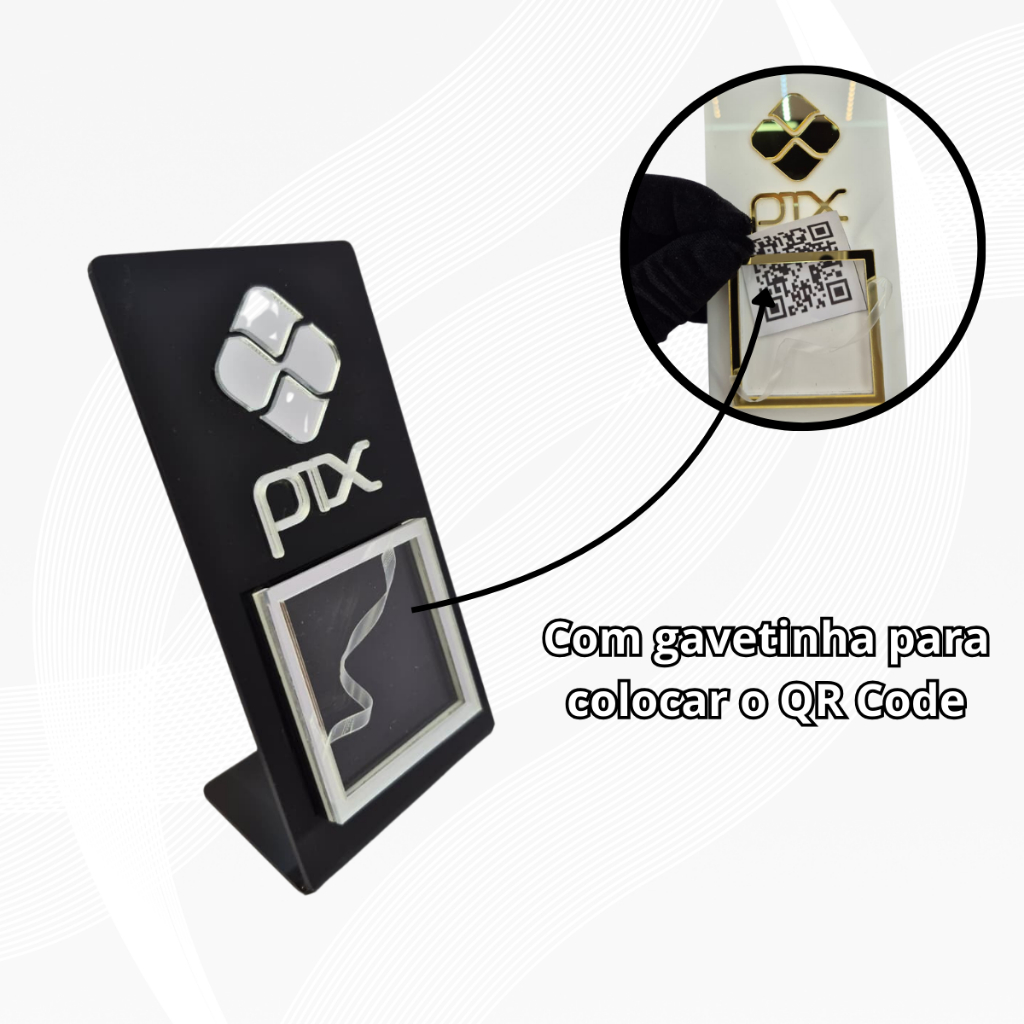 Placa Pix Com Encaixe Display QR Code Acrílico Espelhado Mesa Balcão