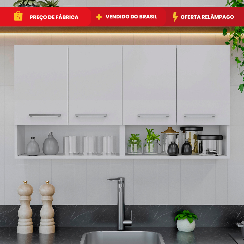 Armário Aereo 4 Portas 120cm Conjunto Compacto Cozinha Modular Móveis Bonatto em Oferta na Shopee