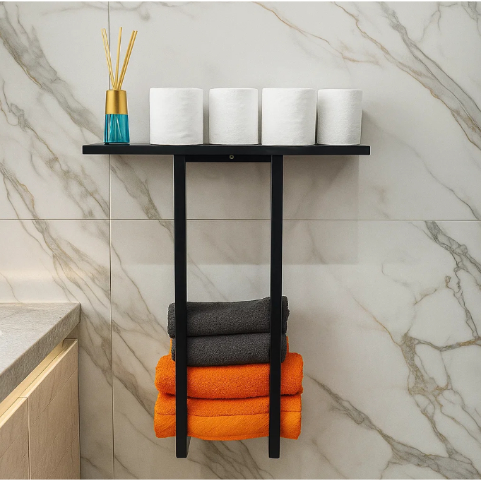 Porta Toalha Industrial  Suspenso com Prateleira Resistente em MDF Preto em Oferta na Shopee