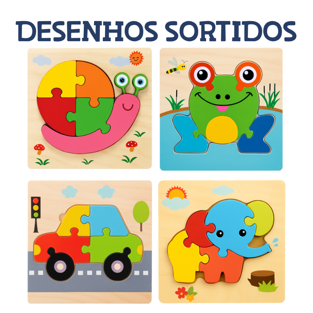 Quebra-Cabeças de Madeira Infantil Animais Formas Personagens Coloridos Brinquedo Educativo