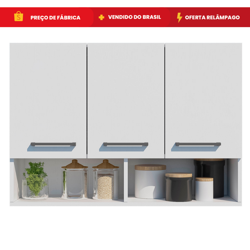 Armário Organizador Aéreo 3 Portas Cozinha Lavanderia Bonatto Com Nicho Multiuso