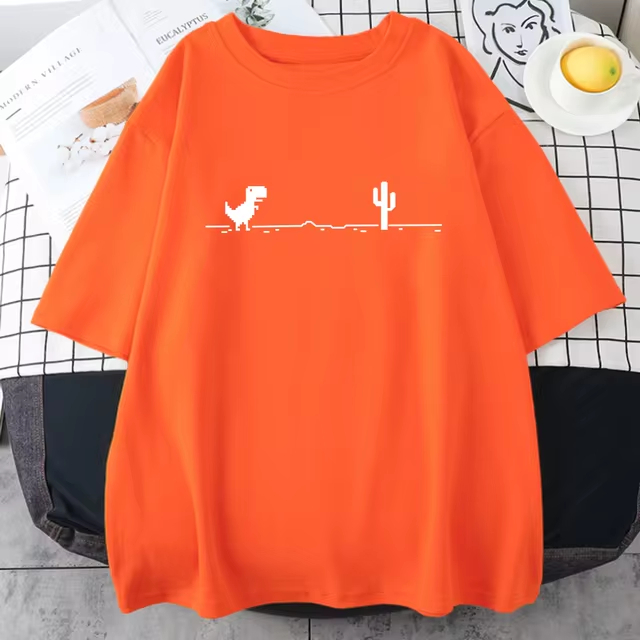 Camiseta T-Rex Pixel Jogo Manga Curta Casual Dinossauro Unissex