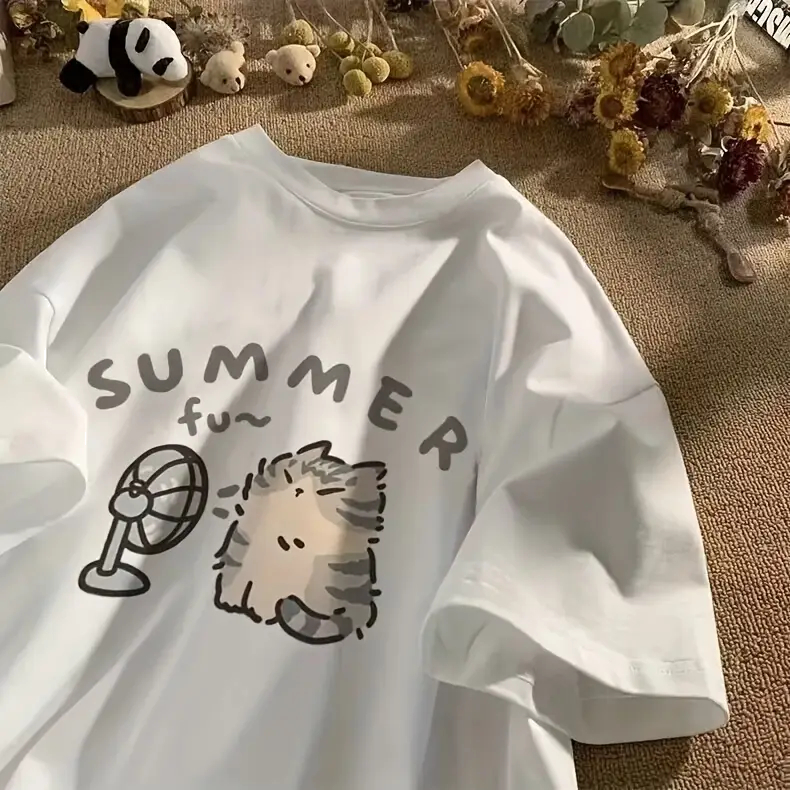 Camiseta Cat Cute Verão Gato Fofo Calor Vento Summer Fun Unissex Conforto Estilo Casual Passeio