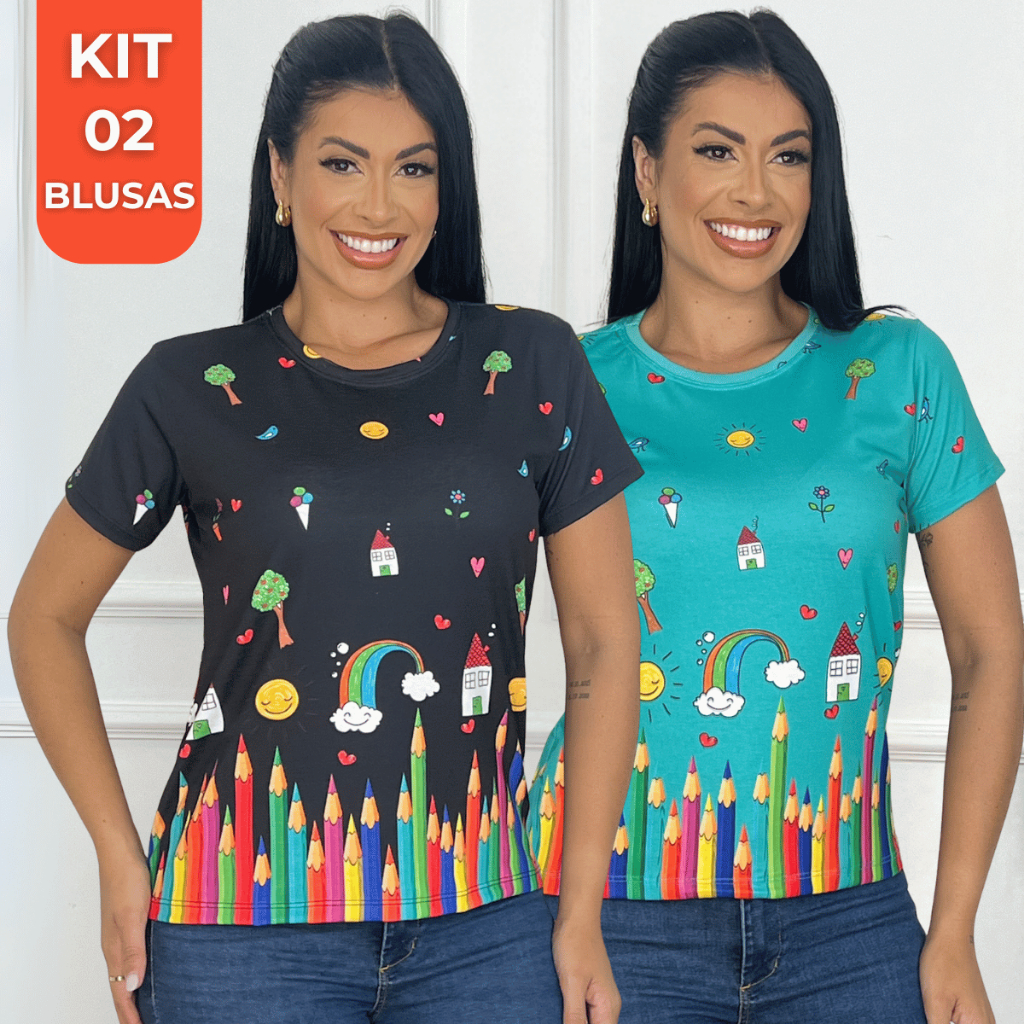 Kit 2 Peças Tshirt Feminina Premium Azul e Laranja Blusa Estampada Área da Educação P ao G1