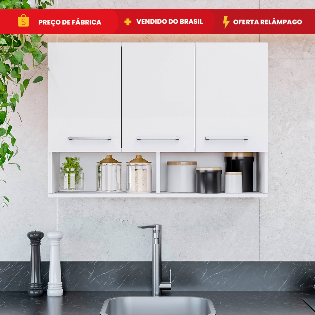 Armário 3 Portas Organizador Multiuso Aéreo Facil Montagem Cozinha Lavanderia Móveis Bonatto em Oferta na Shopee