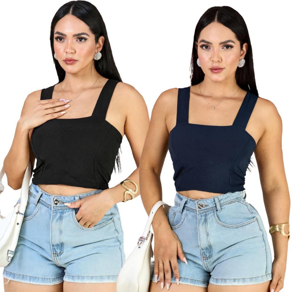 KIT 2 Cropped Top Suplex Decote Quadrado Alças Grossa Feminino Slim Fit