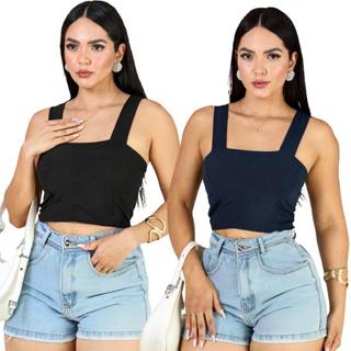 KIT 2 Cropped Top Suplex Decote Quadrado Alças Grossa Feminino Slim Fit