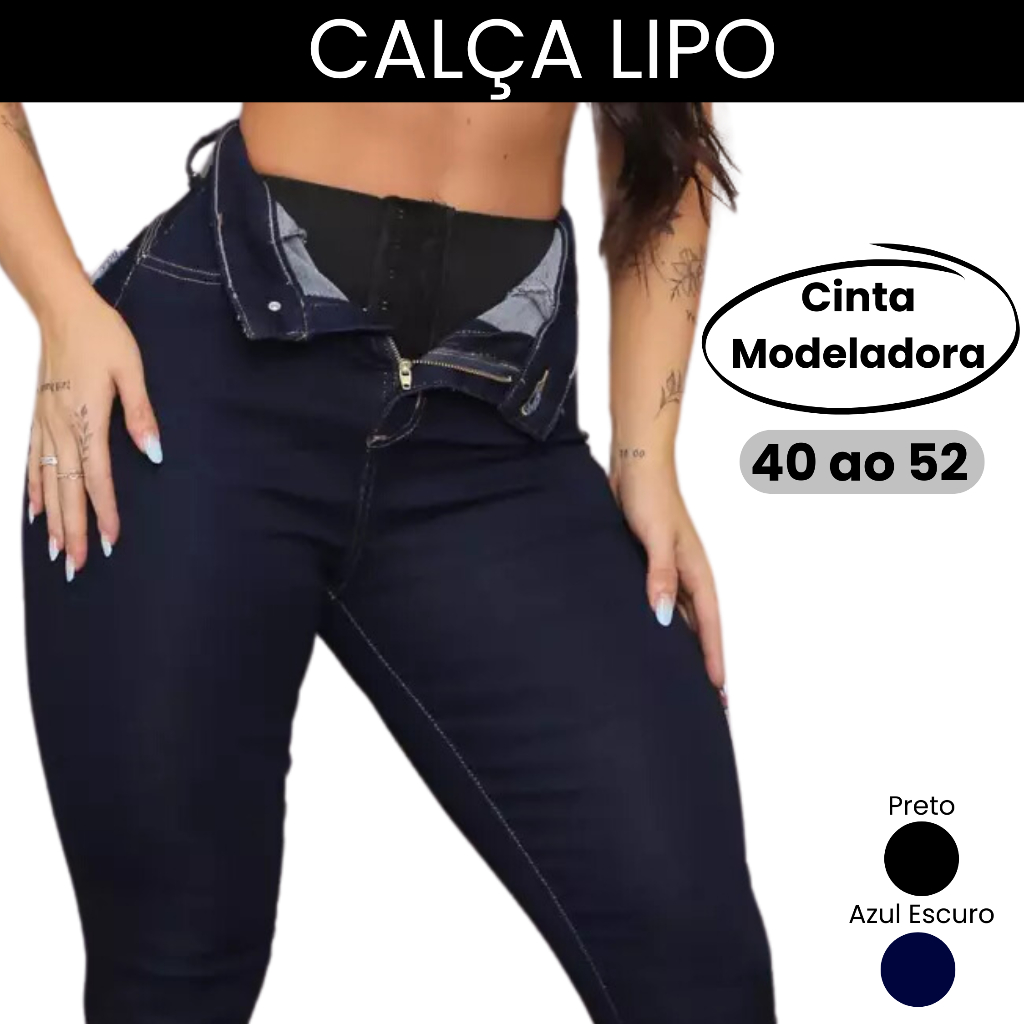 Calça Cinta Modeladora Jeans Cintura Alta Super Lipo Reduz Barriga Empina Bumbum em Oferta na Shopee
