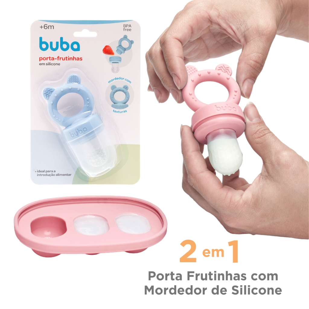 Porta Frutinhas com Mordedor Buba Bebê Chupeta Alimentadora Introdução Alimentar Frutas