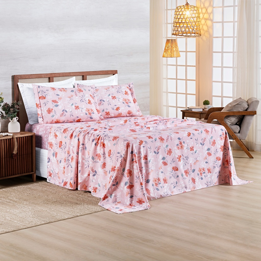 Jogo De Cama Lençol 400 Fios Forro De Cama Estampado Afeto Toque Macio Kit 04 Peças