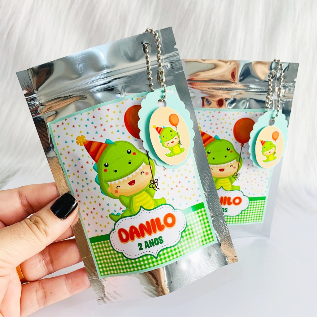 SAQUINHO METALIZADO PERSONALIZADO DINOSSAURO BABY - ZIP LOCK PARA LEMBRANCINHA- TAMANHO P/ANIVERSÁRIO/FESTA/DINO BABY