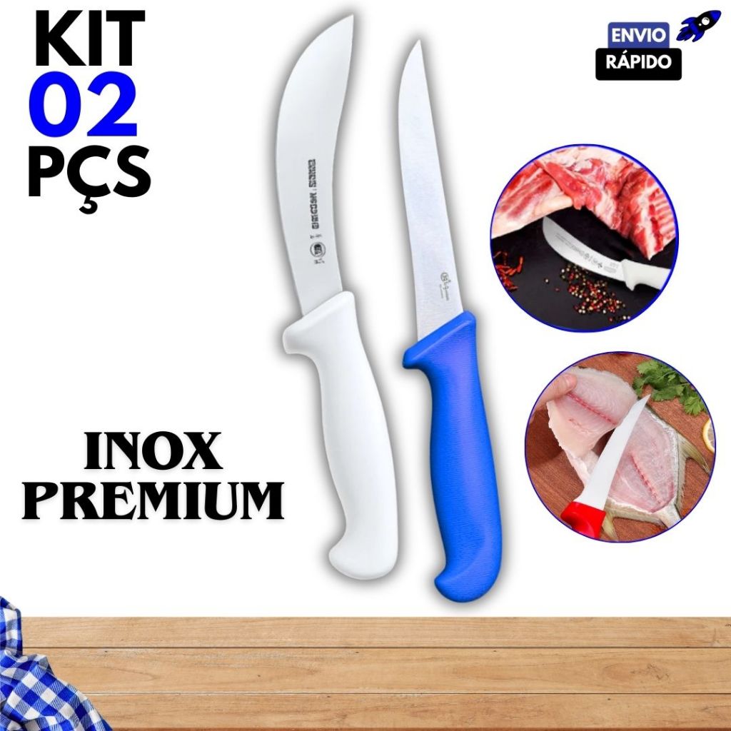 Faca para Tirar Couro Ou de Sangria 6'' Profissional + Faca Profissional de Desossar 6" em Aço Inox 29cm