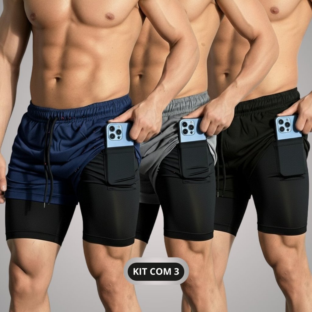 Kit 3 Shorts 2 em 1 Masculino Para Academia e Treino Sport Fit + Proteção UV + Elastano