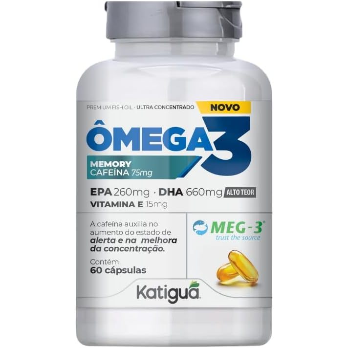 Katiguá, Ômega 3 + Cafeína, Vitamina E, MEG-3, EPA + DHA, Fish Oil, 60 Cápsulas Soft Gel • 30 doses