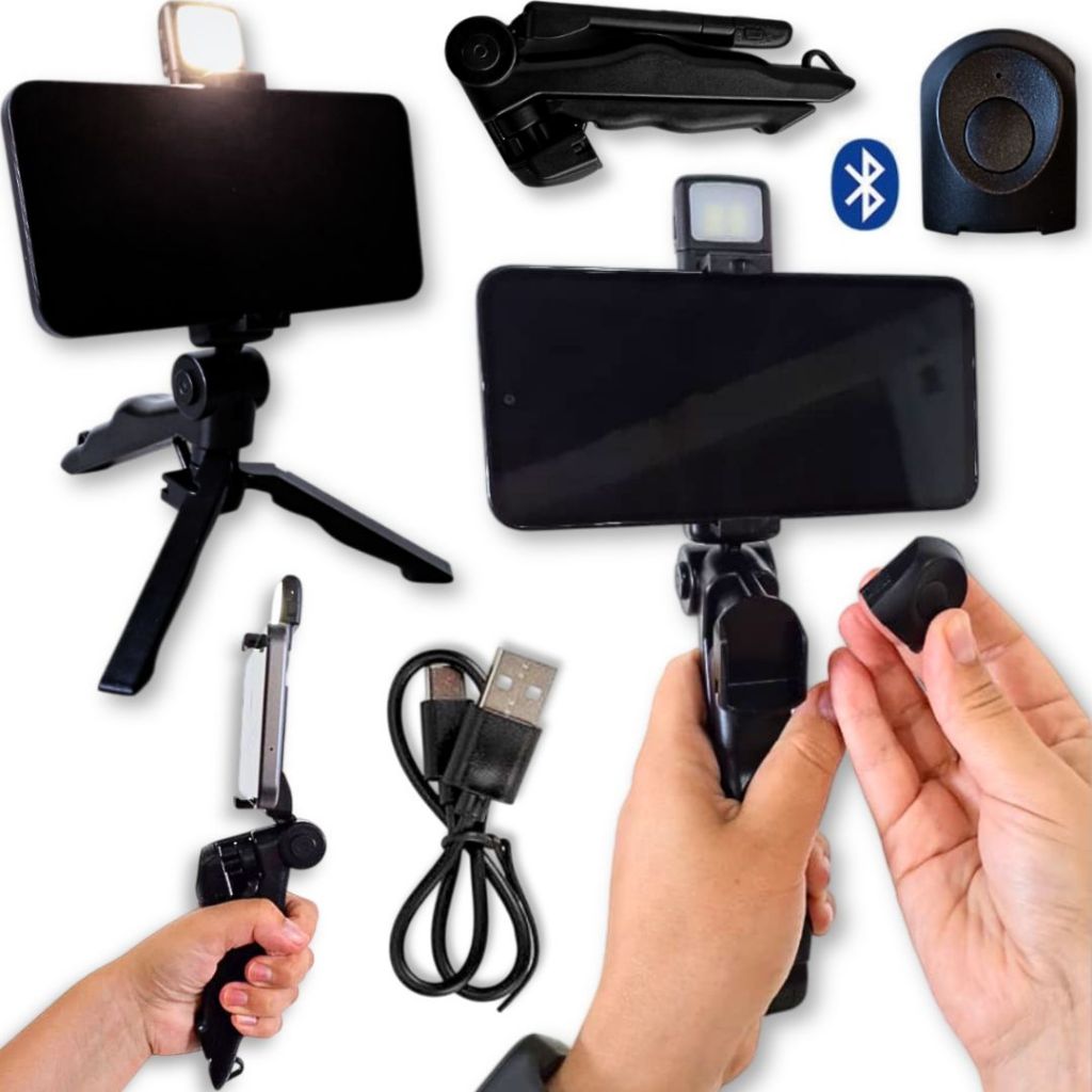 Mini tripé celular iphone articulado suporte estabilizador com luz led controle câmera foto vídeo