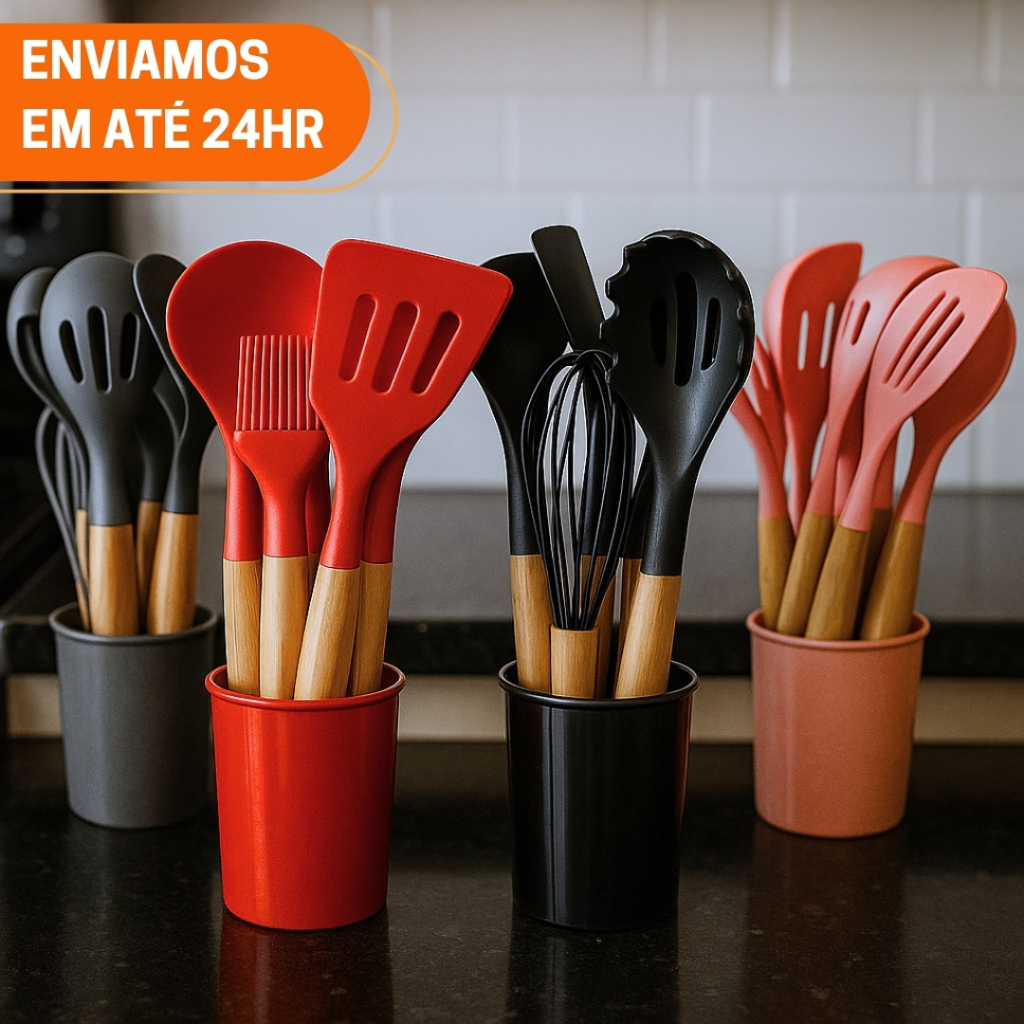 Kit Utensílios de Cozinha em Silicone C/12 Peças Jogo com Cabo de Madeira, Colher Copo Suporte para Utensílios