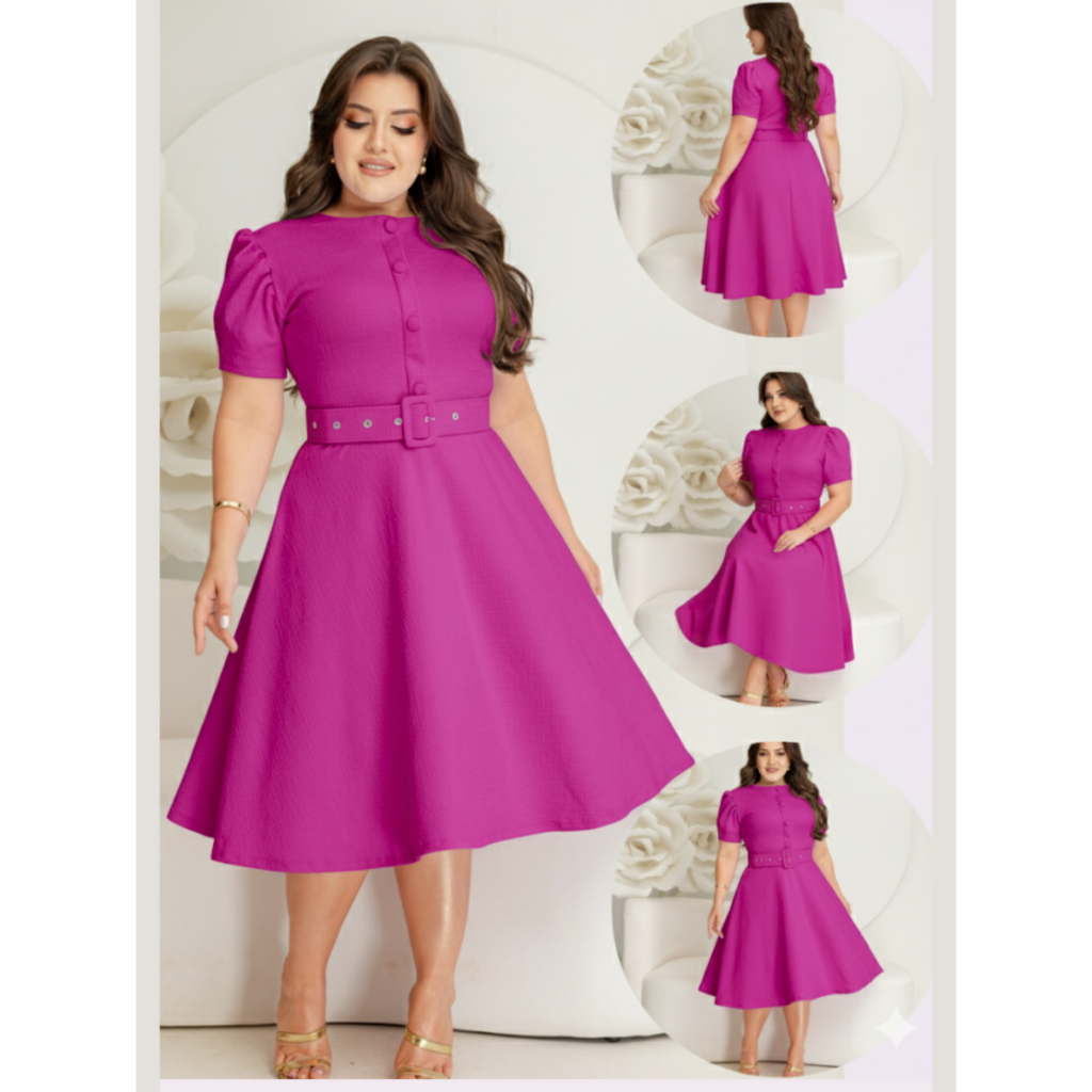 Vestido Midi Godê com cinto - Modelo Eduarda -Jacquard Linea.