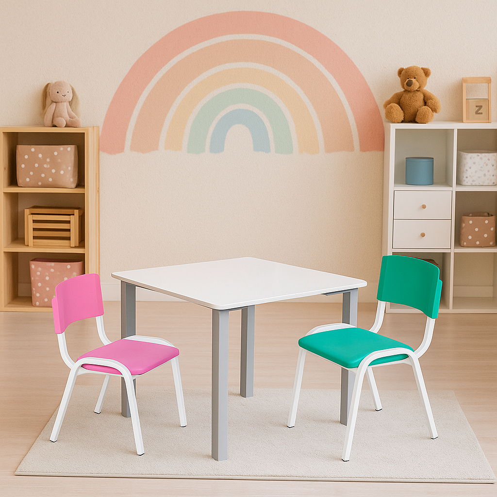 Kit Conjunto Mesa Infantil com 1 Cadeira Rosa e 1 Cadeira Verde Água Estudo Didática Educativa