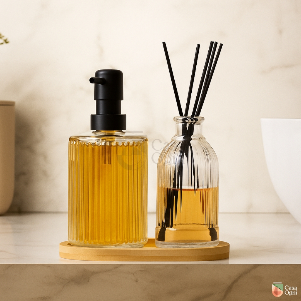 Kit Banheiro Porta Sabonete e Difusor Lines Banheiro com Bandeja de Bambu em Oferta na Shopee