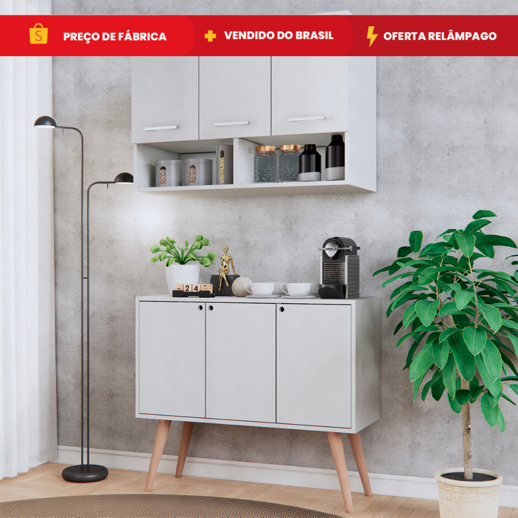 Cozinha Compacta Armário  Aéreo e Balcão Multiuso Pés Madeira Retrô Palito Móveis Bonatto em Oferta na Shopee