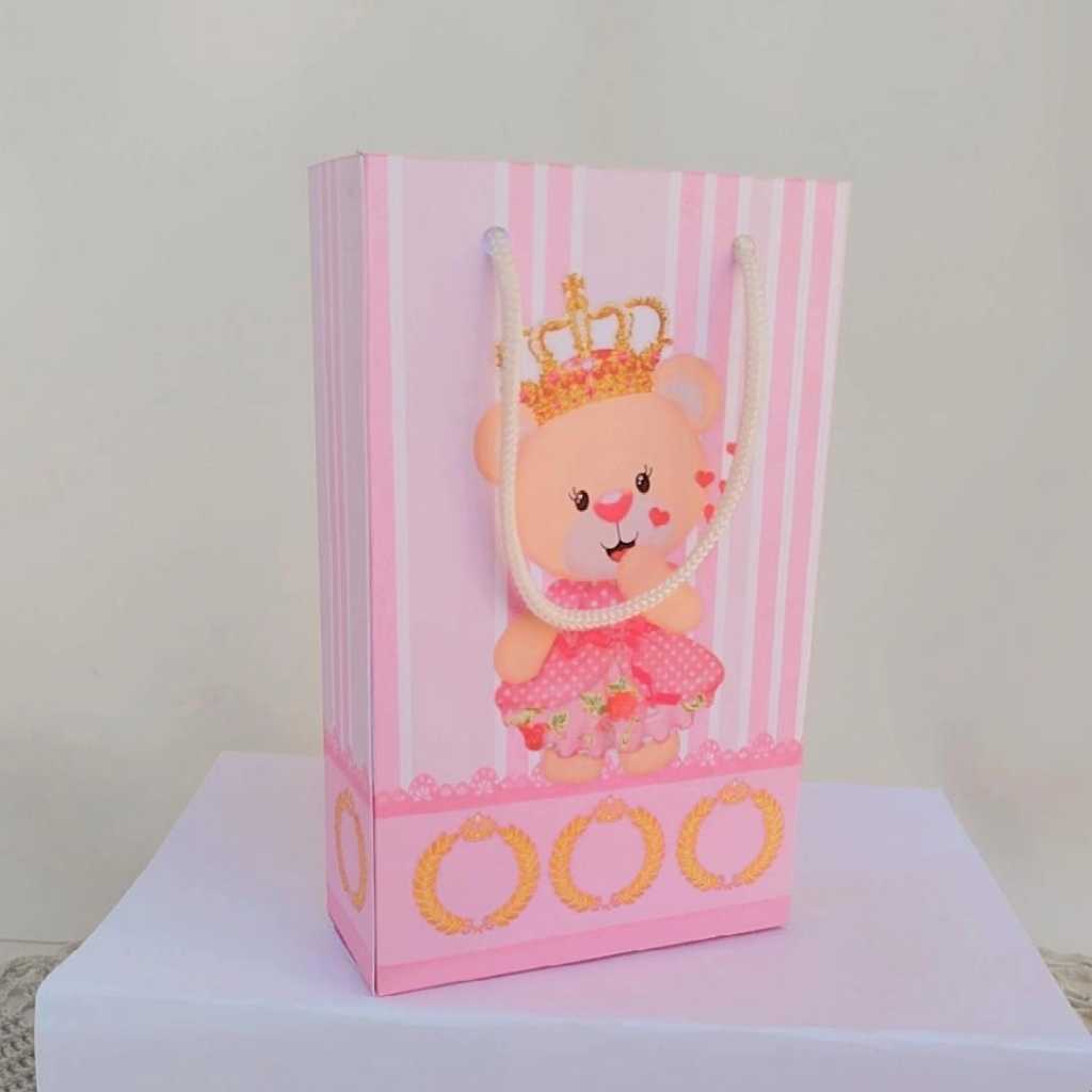 Kit Sacolinha Surpresa Festa Infantil Personalizado PRINCESA URSINHA ROSA Lembrancinhas PEGUE E MONTE