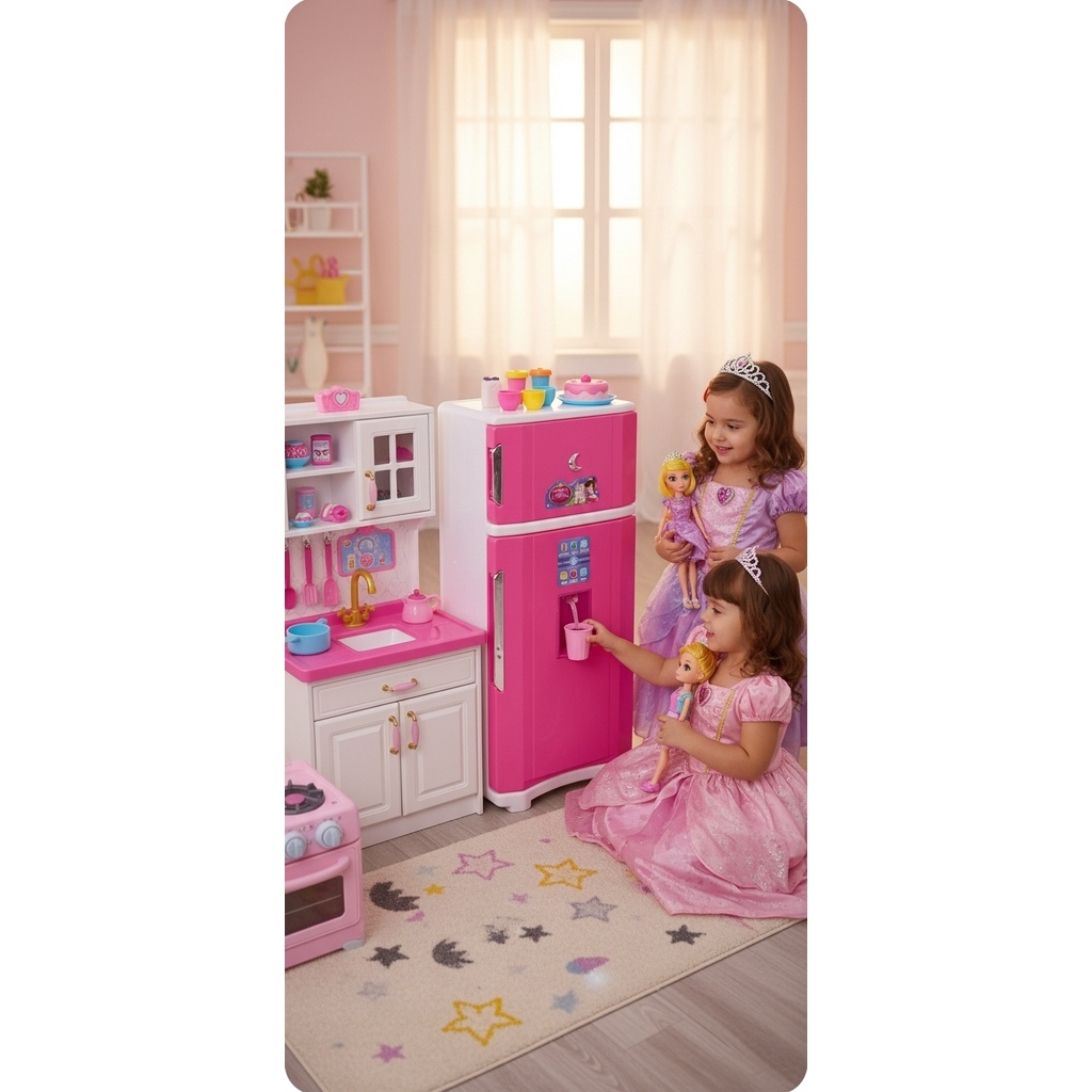🧚 Geladeira Infantil Princesa Duplex Rosa ✨ Brinquedo Educativo com Luz e Som – 64cm / 68cm