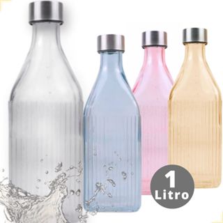 Garrafa de Vidro 1L Para Água Suco Geladeira Tampa Inox Colorida Canelada Filete Quadrada Hermética em Oferta na Shopee