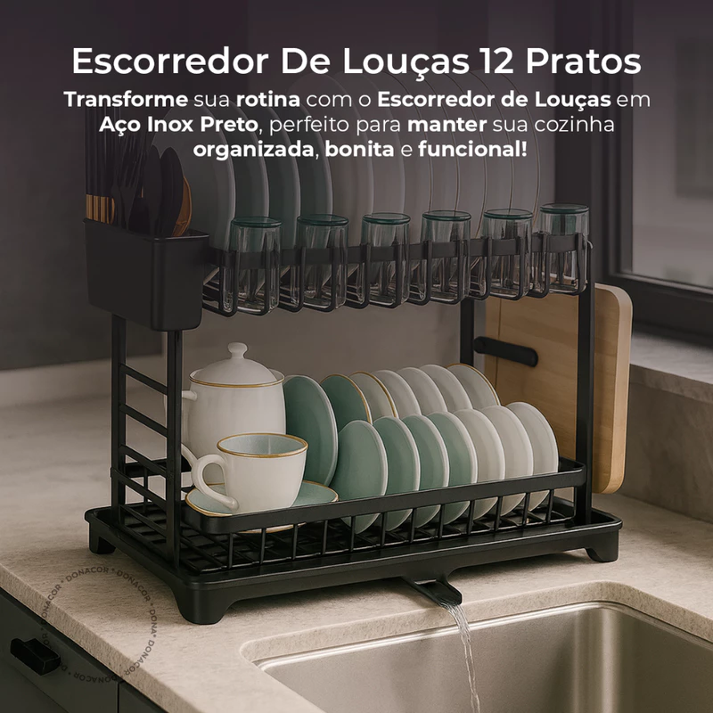 Escorredor de Louças para 12 Pratos em Aço Inoxidável Preto 2 Andares — foto 2