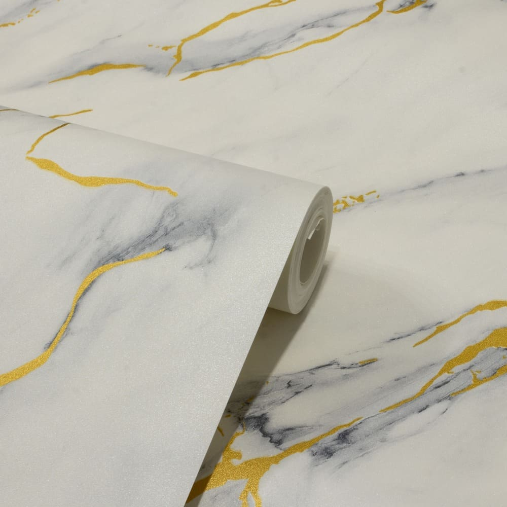Papel De Parede Tipo Mármore Carrara Dourado Off White Cinza Dourado