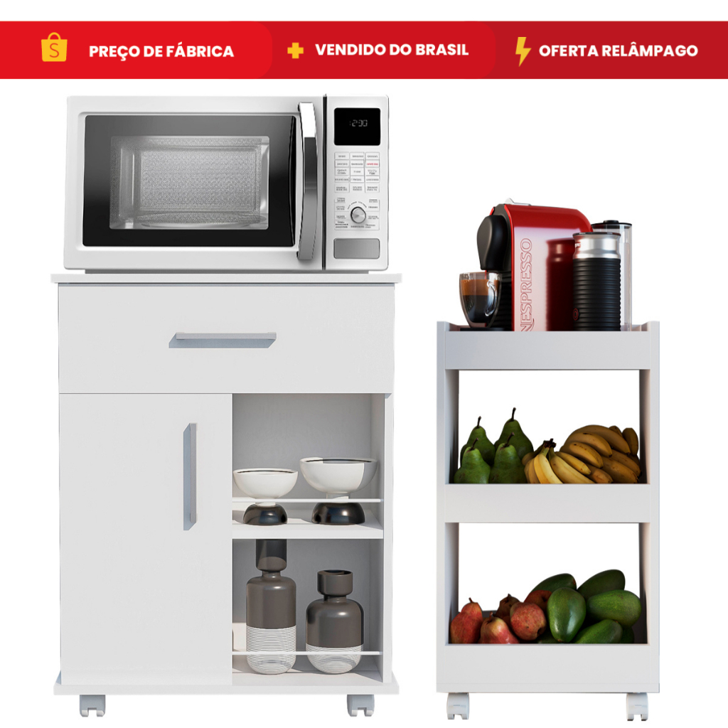 Conjunto Balcão Para Microondas e Fruteira com Rodinha Multiuso Móveis Bonatto em Oferta na Shopee