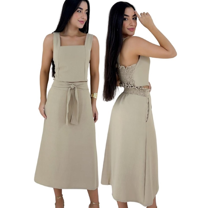 Conjunto Feminino de Saia Alfaiataria Moda Evangélica Casual e Festa, Cores Lisas em Tecido Dunas