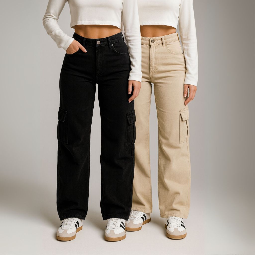 Kit 2 Calça Jeans Feminina Cargo Bolsos Laterais + 5 Cores - 100% Jeans Premium Wide Leg em Oferta na Shopee