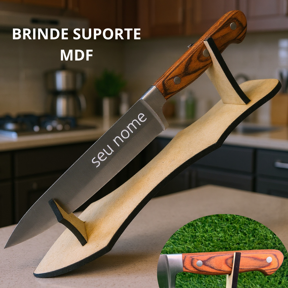 Faca Profissional Personalizada Com Nome Cabo Madeira Cozinheiro Chef Churrasco + Expositor MDF