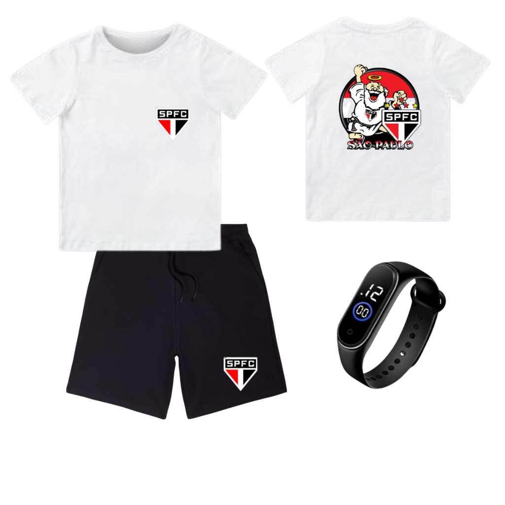 CONJUNTO INFANTIL CAMISA CAMISETA + BERMUDA  MASCOTE TIME  E RELOGIO BRINDE