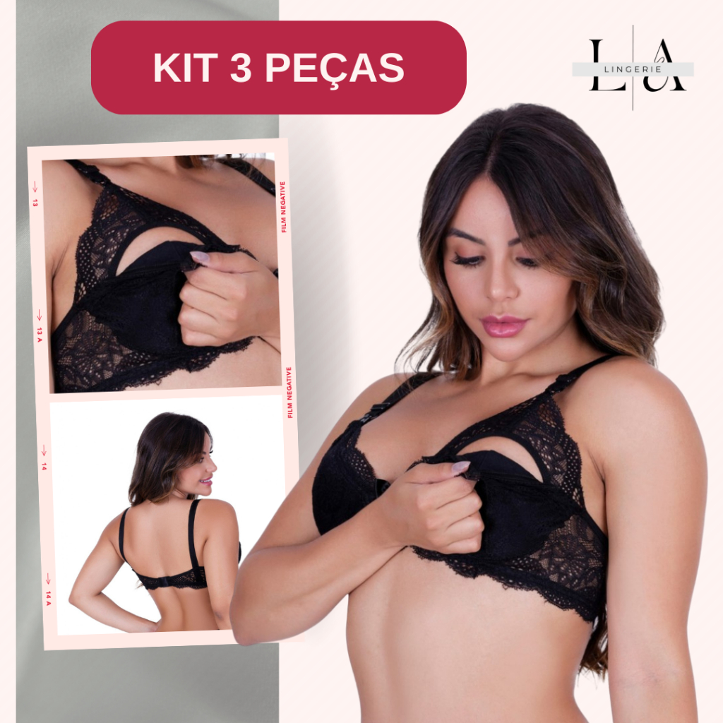 Kit 3 Sutiãs Amamentação Renda Reforçada | Alças Largas, Fecho Fácil e Super Conforto
