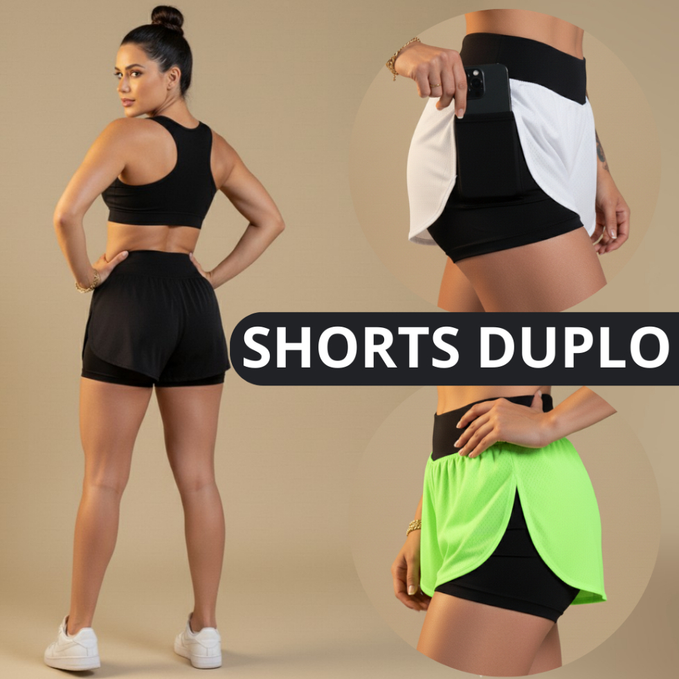 Kit 2 Shorts 2 Em 1 Feminino Cós Alto Duplo Corrida Treino Com Bolso Interno Original Strep Fitness