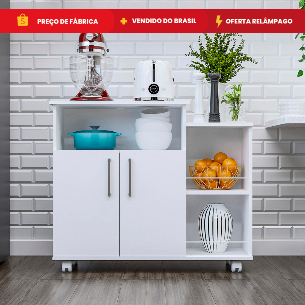 Armário Cozinha Compacta Balcão de 2 Portas Buffet Multiuso Fruteira Suporte Microondas DIA DOS PAIS