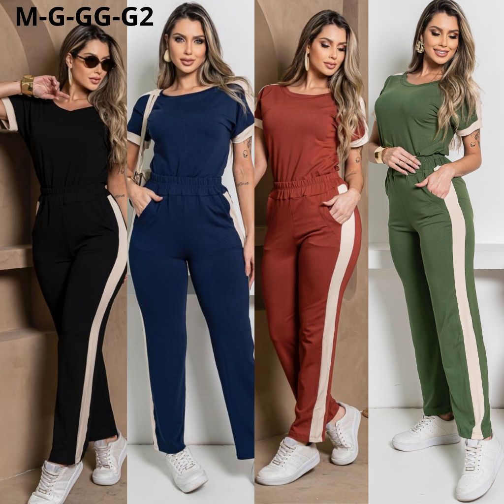 Conjunto Feminino Moletinho Calça Pantalona e Blusa Manga Curta com Elastano e Listra na Lateral.