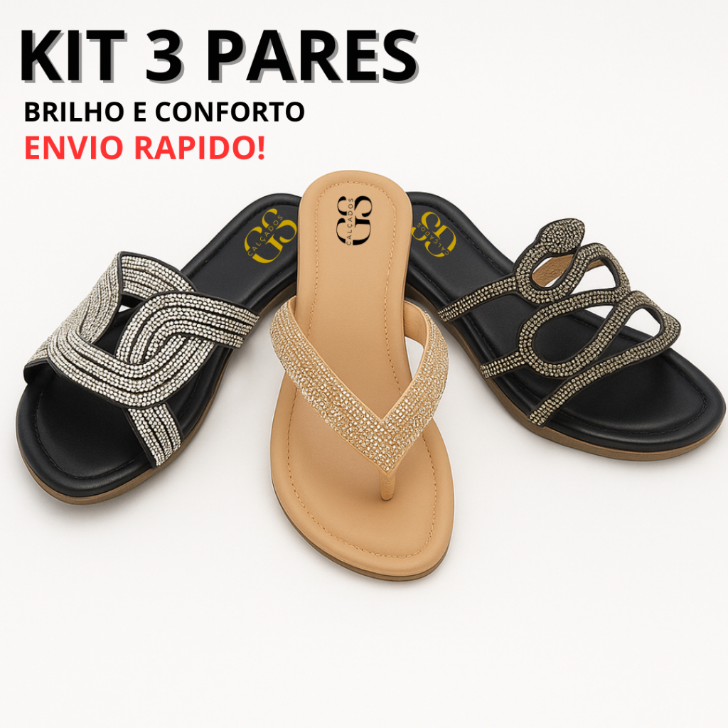Kit 3 Pares Sandália Rasteirinha Feminina com Strass Confortáveis, Modernas e Elegantes