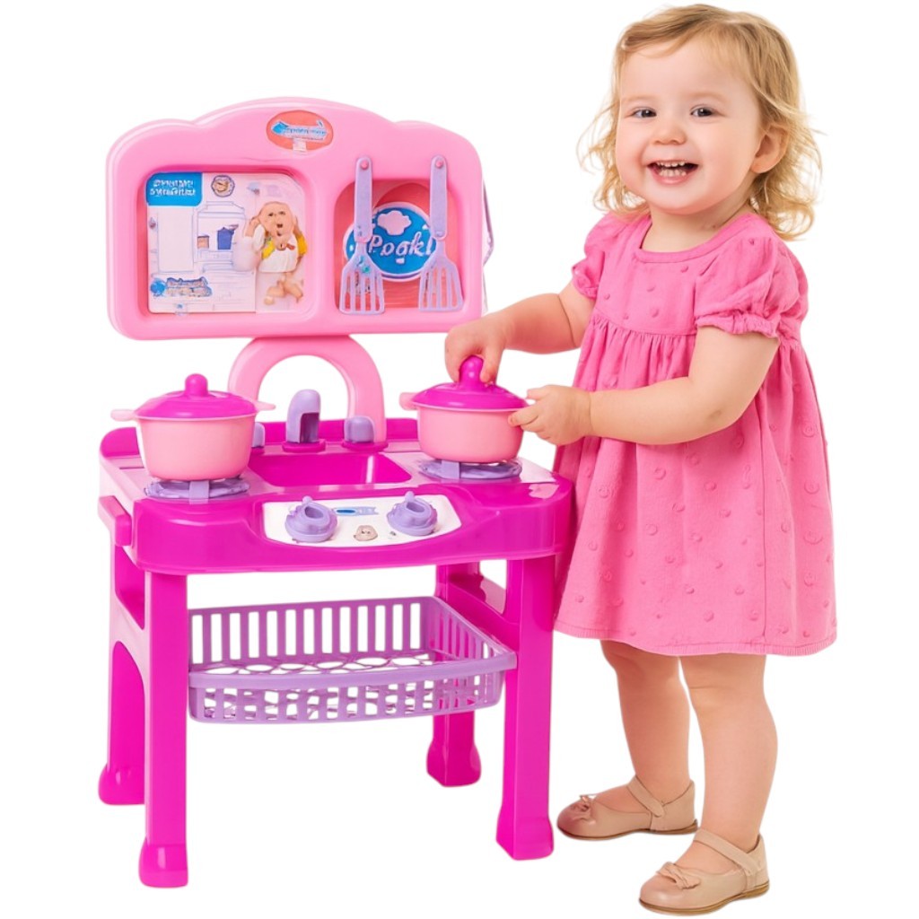 Cozinha Infantil Completa de Brinquedo 55 CM Chef Kitchen Grande Com Acessórios Fogão Talheres