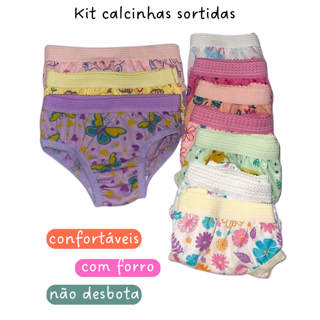 Kit 05, 10, 15 e 20 Calcinha Infantil Estampadas e Lisas - com forro