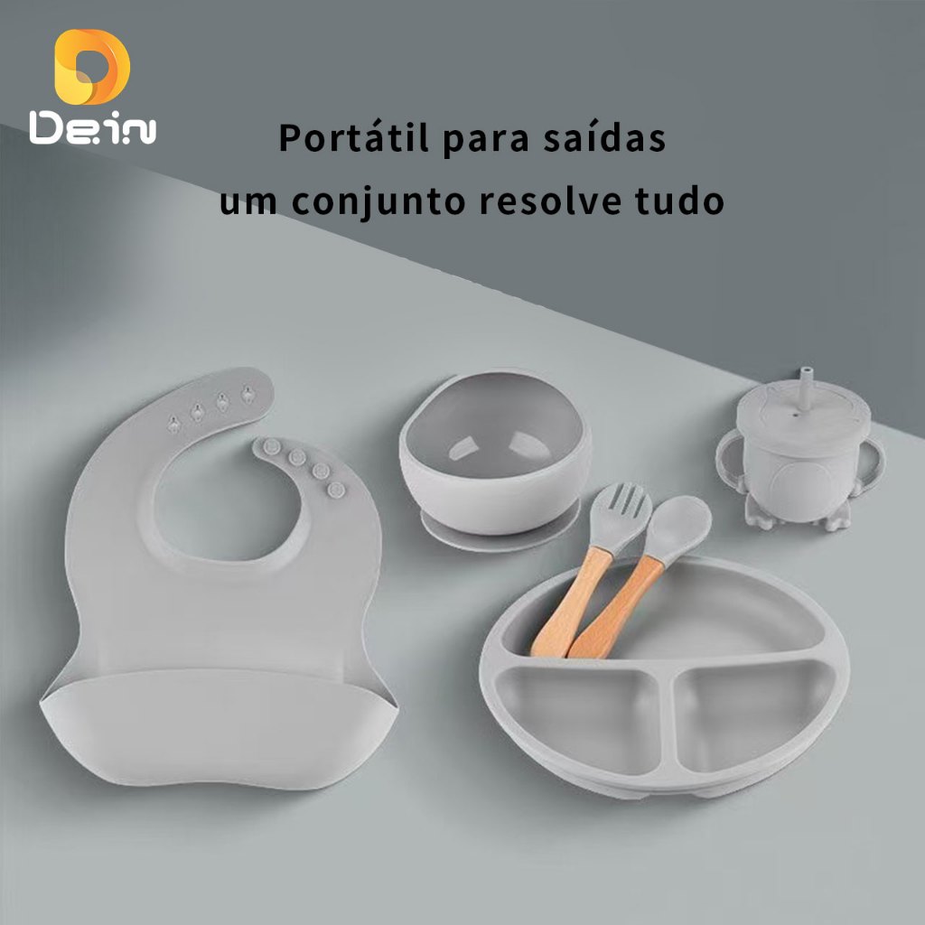 Talheres bebê silicone 8 Peças kit Talheres Infantil Com Ventosa Canudo Colher Babador Garfo