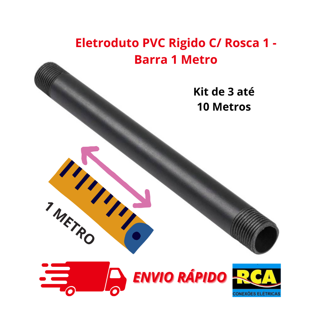 Kit até 10 Metros Eletroduto Conduite PVC Preto 1 - Rígido Anti-chama - Barra 1 Metro