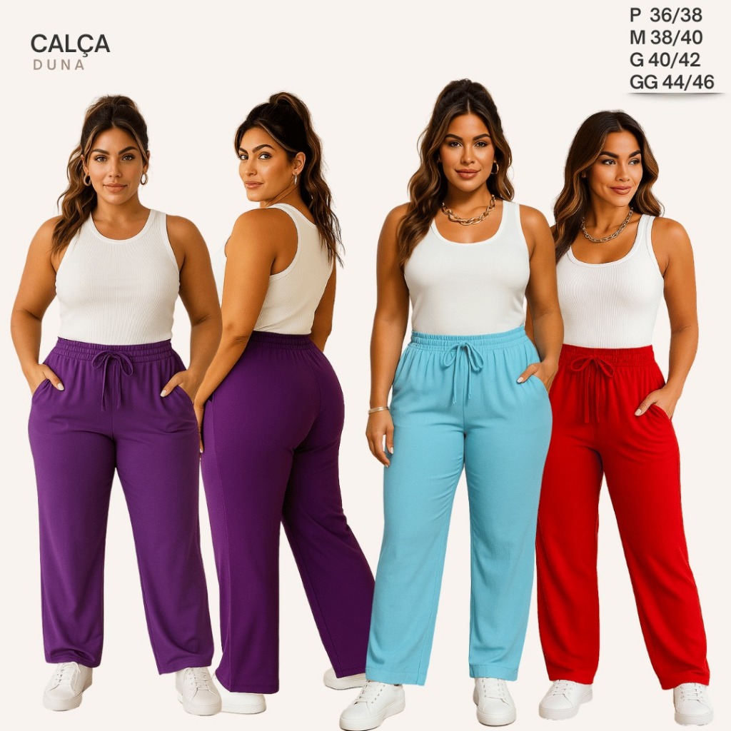 Kit 2 Calças Pantalona Feminina  Com Bolso Tecido Duna  Cintura Alta Tendencia 2024.
