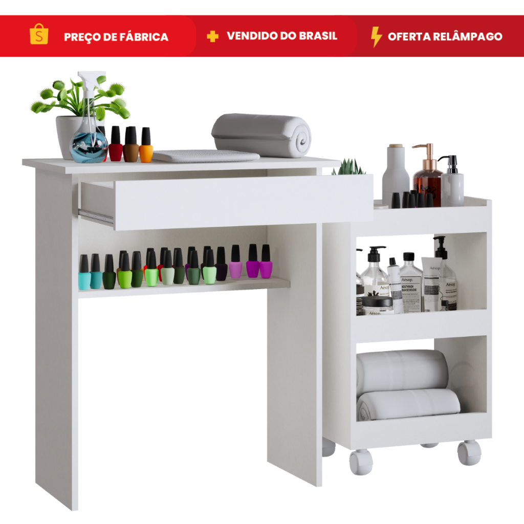 Kit Manicure Mesa com Gaveta para Equipamentos de Unha + Armário de Esmaltes com Rodinhas em Oferta na Shopee